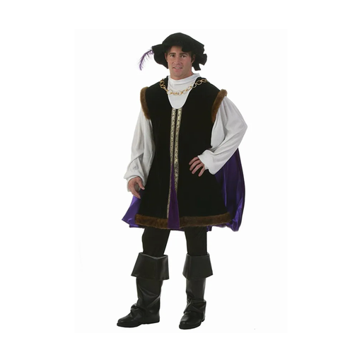 Disfraz de noble renacentista para hombre con túnica negra, capa morada, sombrero con pluma y cubrebotas