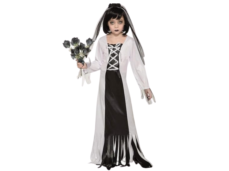 Disfraz Novia del Cementerio para niña, vestido largo blanco y negro con bordes desgastados y velo