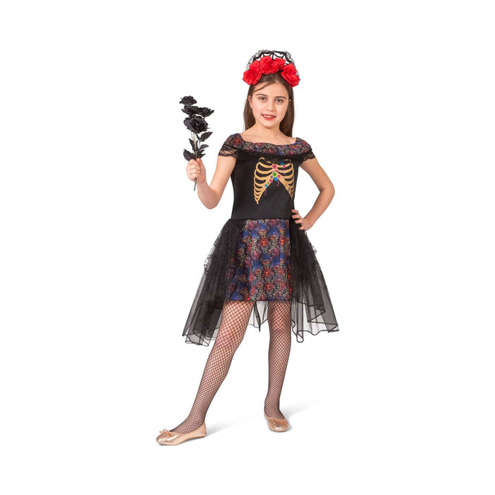 Disfraz de novia zombie para niña, vestido negro con costillas estampadas y falda de tul