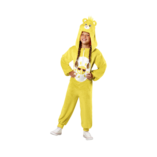 Disfraz de Cariñosito amarillo infantil, enterito amarillo con sol sonriente en la panza y capucha con carita de osito