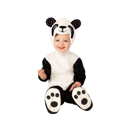 Niño pequeño con disfraz de oso panda, enterito blanco y negro con capucha de orejas