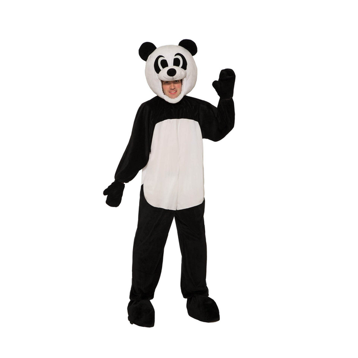 Persona con disfraz de panda de felpa negro y blanco con la cara descubierta