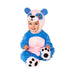 Guagua con disfraz de panda colorido, overol azul con panza rosada, tocado con orejas y botas con patitas