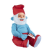 Niño pequeño con disfraz de Papá Pitufo: enterito azul con pantalón rojo, gorro rojo y barba blanca