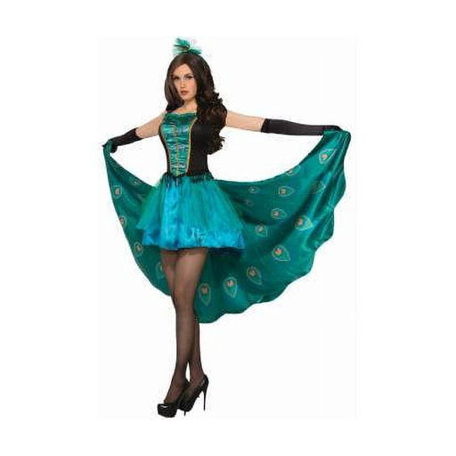 Disfraz de pavo real para mujer con vestido negro y turquesa y cola larga con plumas de pavo real