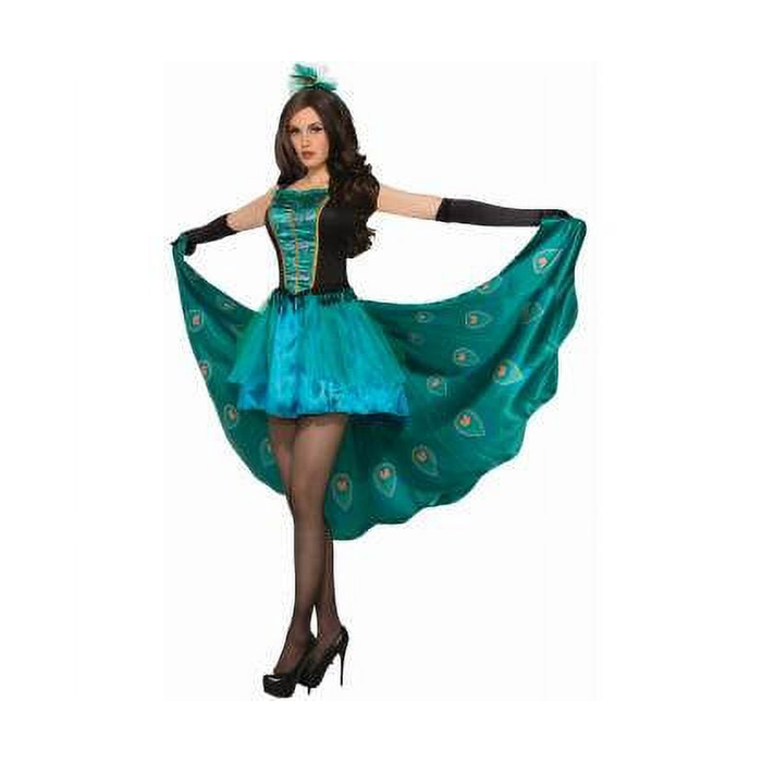 Disfraz de pavo real para mujer con vestido negro y turquesa y cola larga con plumas de pavo real