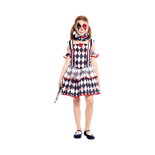 Disfraz de payasa sangrienta para niña, vestido de rombos negro y blanco con manchas rojas y cuello de volantes