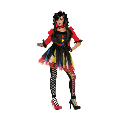 Mujer con disfraz de payasa siniestra, vestido negro con mangas rojas, pompones y falda de tul multicolor