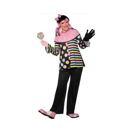 Disfraz de payasita para mujer, top negro con rayas y lunares rosados, amarillos y verdes, cuello rosado y pantalón negro