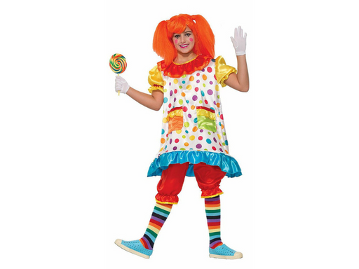 Disfraz de payasita para niña, vestido blanco con lunares de colores, mangas amarillas y bombachos rojos