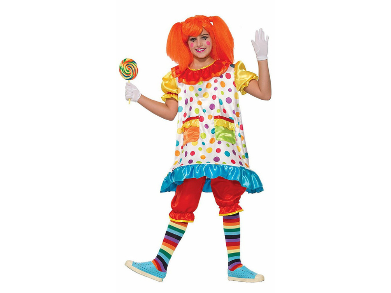 Disfraz de payasita para niña, vestido blanco con lunares de colores, mangas amarillas y bombachos rojos