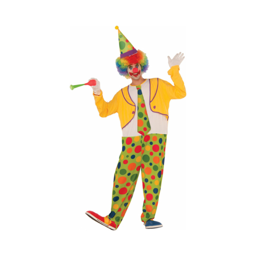 Disfraz de payaso Hoopy para hombre, chaqueta amarilla, corbata y pantalón verde con lunares de colores