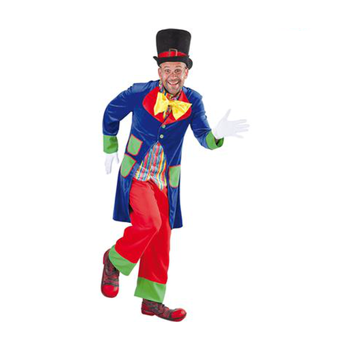 Hombre con disfraz de payaso de levita azul