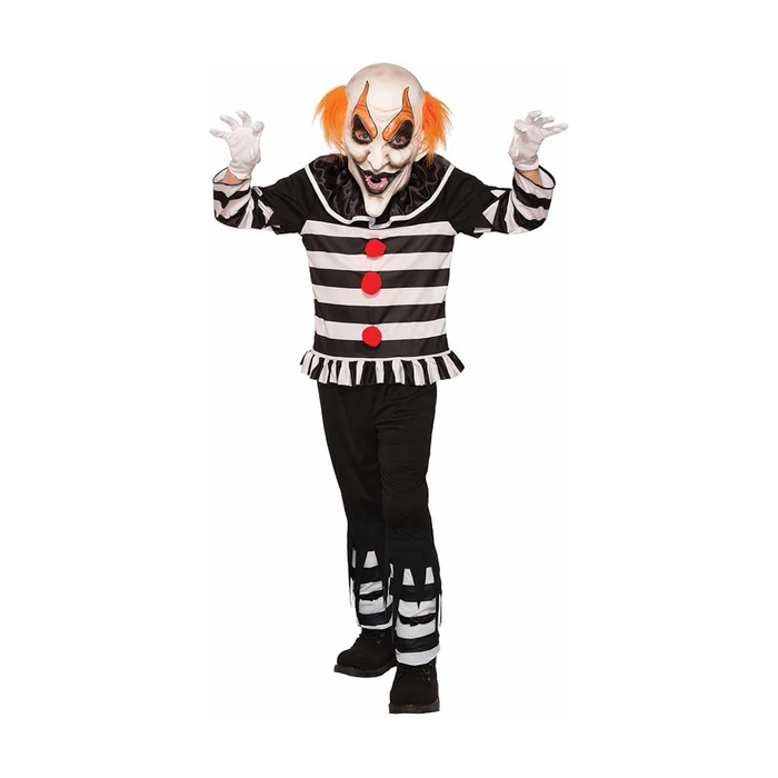 Niño con disfraz de payaso malvado, camisa a rayas blancas y negras, guantes y máscara con pelo naranjo