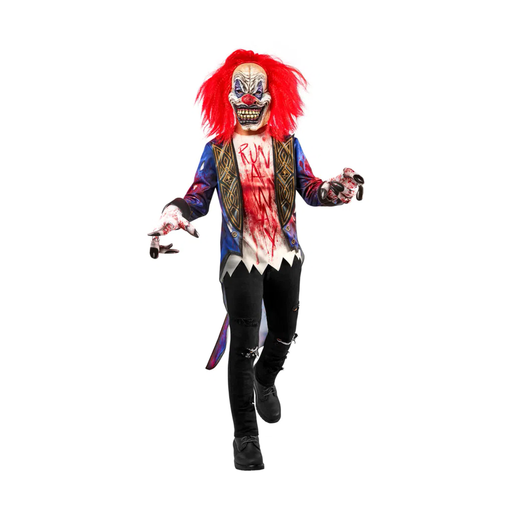 Niño con disfraz de payaso siniestro: máscara con pelo rojo, polera estampada con sangre y guantes