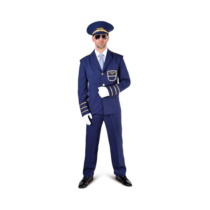 Disfraz de piloto para hombre, chaqueta y pantalón azul marino con galones dorados