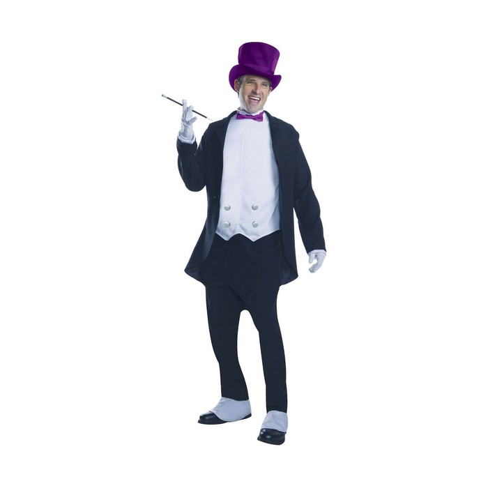 Disfraz del Pingüino de Batman para hombre con frac negro, chaleco blanco, sombrero de copa morado y boquilla