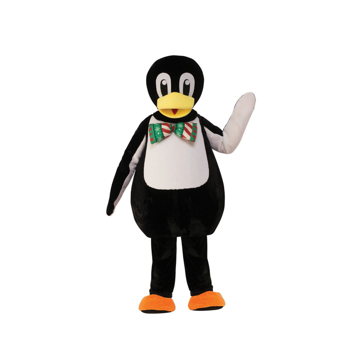 Persona con botarga de pingüino negro y blanco con pico amarillo y patas naranjas
