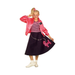 Joven con disfraz retro rock and roll, chaqueta rosada, top a rayas y falda negra con poodle rosado