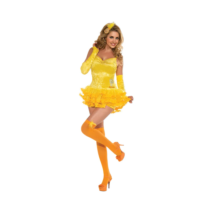 Disfraz de Piolín para mujer con vestido corto amarillo de vuelos, mangas sueltas amarillas, medias naranjas al muslo y tocado