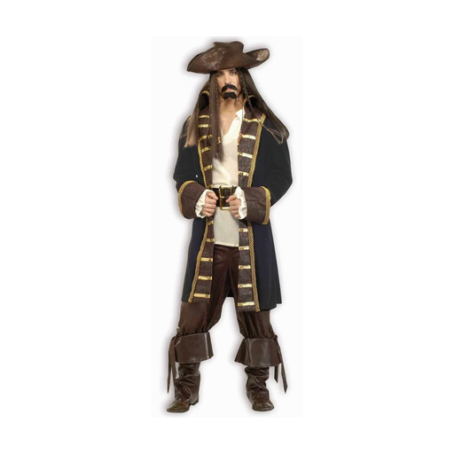Disfraz de pirata para hombre con chaqueta larga azul oscuro con ribetes dorados, sombrero y cubrebotas
