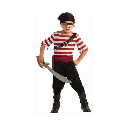 Niño con disfraz de pirata a rayas rojas