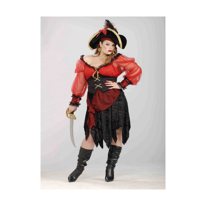 Mujer con disfraz de pirata bucanera: blusa roja, corsé negro, falda de puntas y fajín a rayas