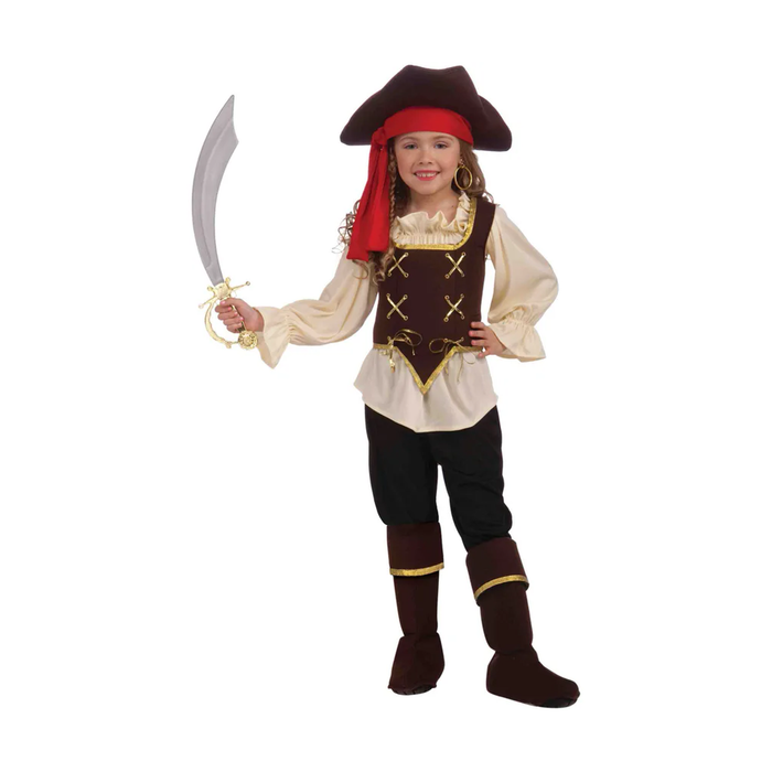 Disfraz de pirata bucanera para niña con sombrero y pañuelo rojo, camisa crema, corsé con cordones dorados, pantalón y cubrebotas