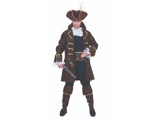 Disfraz de pirata bucanero para hombre con chaqueta larga café, jabot blanco, cinturón y cubrebotas