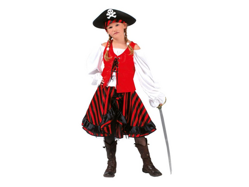 Disfraz de pirata para niña, blusa blanca, corsé rojo y falda a rayas rojas y negras