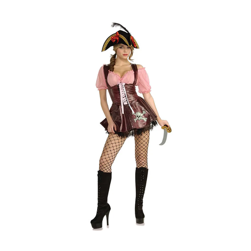 Disfraz de pirata para mujer con vestido corto café con corsé de cordones y mangas rosadas abullonadas