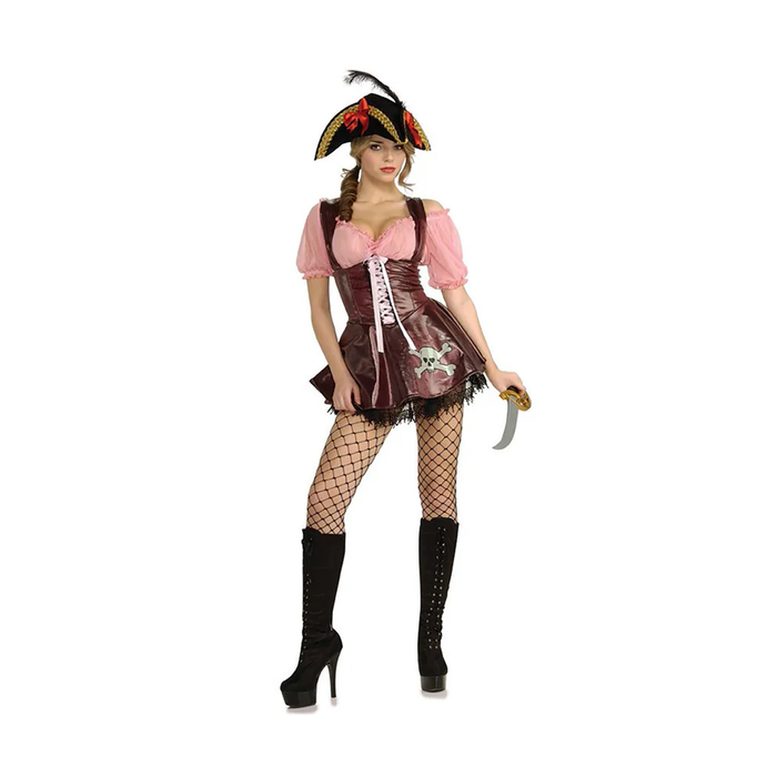 Disfraz de pirata para mujer con vestido corto café con corsé de cordones y mangas rosadas abullonadas