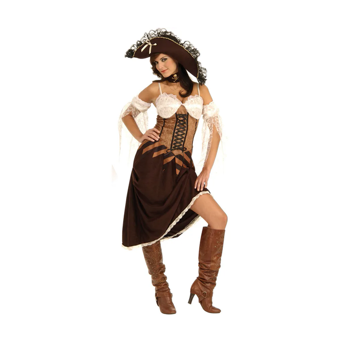Disfraz de pirata para mujer con vestido café, corsé de cordones y mangas de encaje blanco
