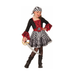 Niña con disfraz de pirata, vestido negro y rojo con falda a rayas y pañuelo