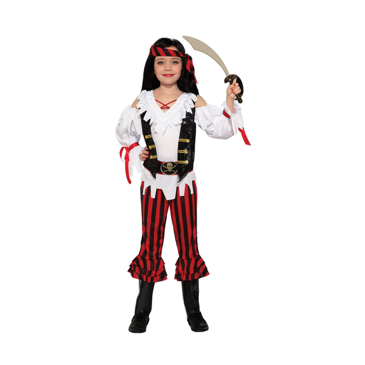 Niña con disfraz de pirata, blusa blanca, chaleco negro y pantalón a rayas rojas y negras