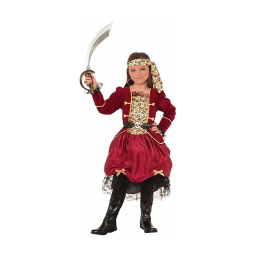 Niña con disfraz de pirata, vestido burdeo con enagua de encaje y cintillo de calaveras, con espada de referencia
