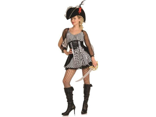 Disfraz de pirata para mujer, vestido a rayas blanco y negro con corsé negro y mangas de tul