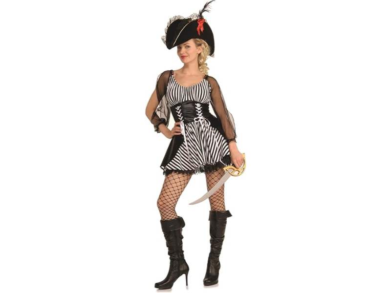 Disfraz de pirata para mujer, vestido a rayas blanco y negro con corsé negro y mangas de tul