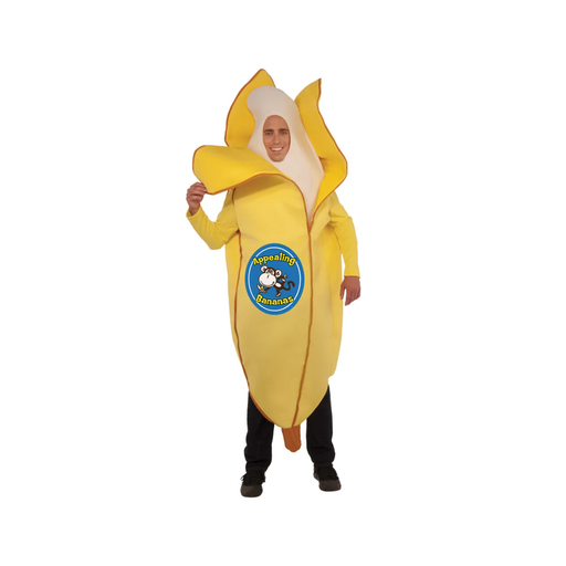 Hombre con disfraz de plátano amarillo medio pelado