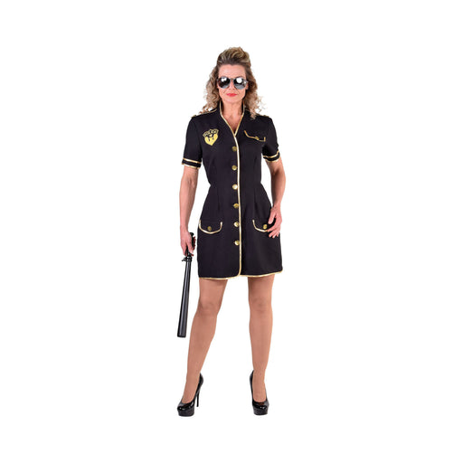 Disfraz de policía para mujer, vestido negro corto con botones y ribetes dorados e insignia