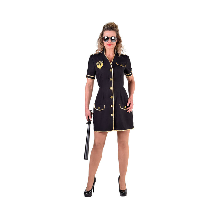 Disfraz de policía para mujer, vestido negro corto con botones y ribetes dorados e insignia