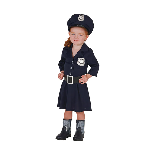 Niña con disfraz de policía, vestido azul marino y gorra