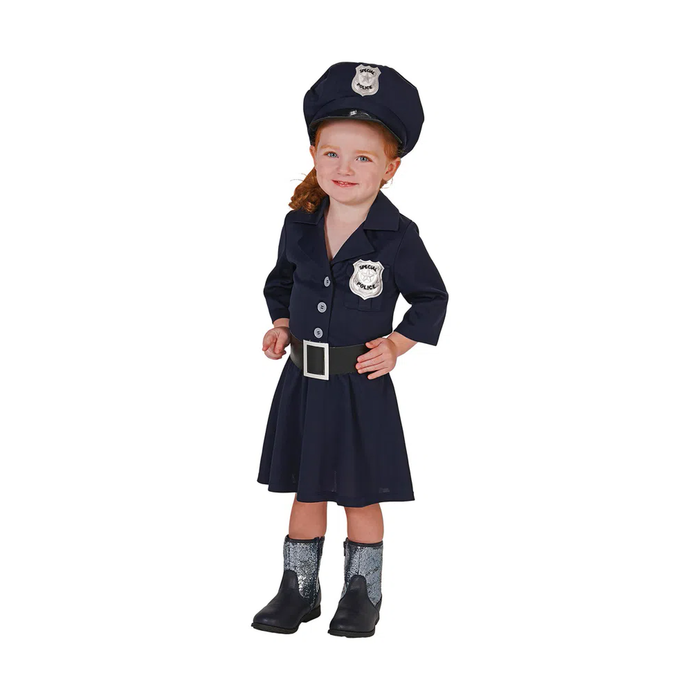 Niña con disfraz de policía, vestido azul marino y gorra