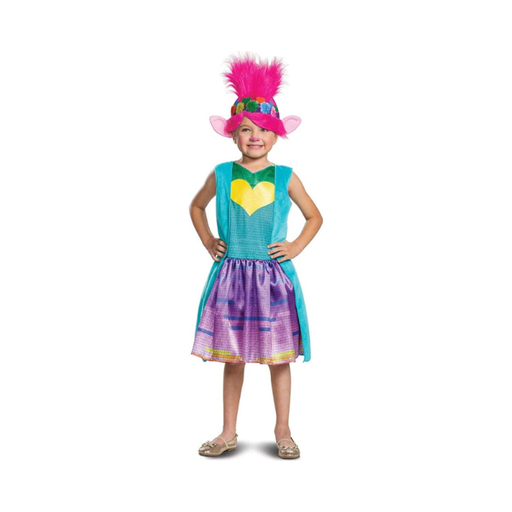 Disfraz de Poppy de Trolls para niña, vestido turquesa con corazón amarillo y falda morada, con tocado rosado con orejas