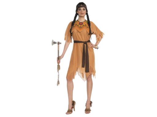 Disfraz Princesa Águila india para mujer, vestido café claro con flecos, cinta café oscuro y cintillo