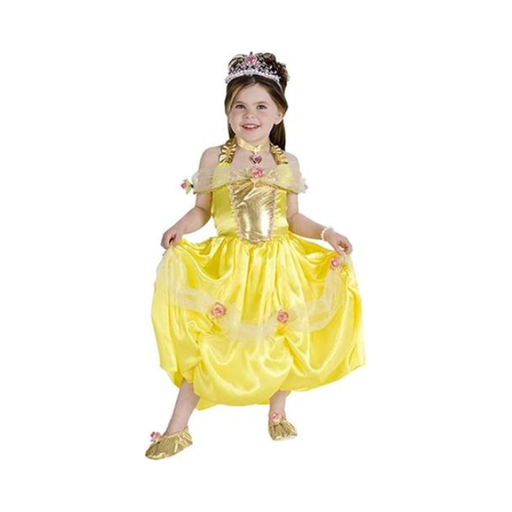 Disfraz de princesa amarilla para niña, vestido con flores rosadas, tiara, gargantilla y pantuflas doradas