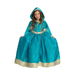 Disfraz de princesa para niña con vestido largo azul con detalles dorados y capa con capucha
