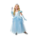 Niña con disfraz de princesa: vestido largo celeste de tul, guantes y tiara plateada