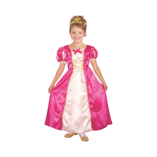 Disfraz de princesa Cerise para niña, vestido largo rosado de manga abullonada con ribete dorado y lazo en el escote