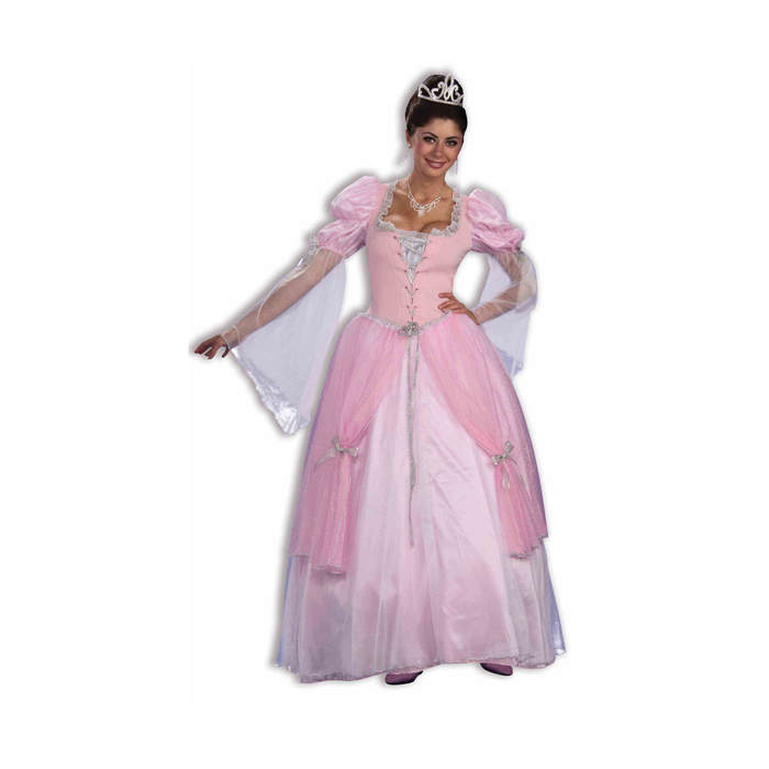 Disfraz de princesa de cuento para mujer con vestido largo rosado, mangas abullonadas y mangas de tul